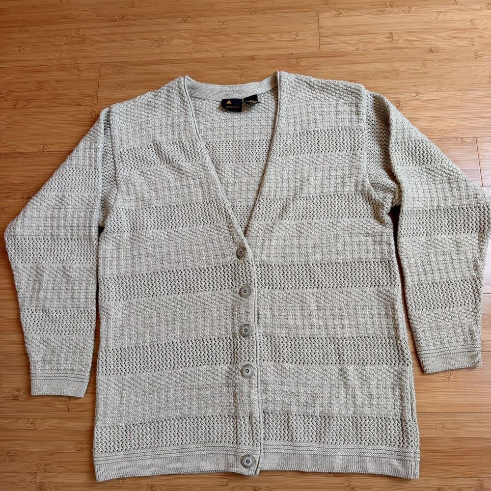 Lizsport Vintage Beige Textured Open Knit Cardigan Sweater M Cottagecore V Neck